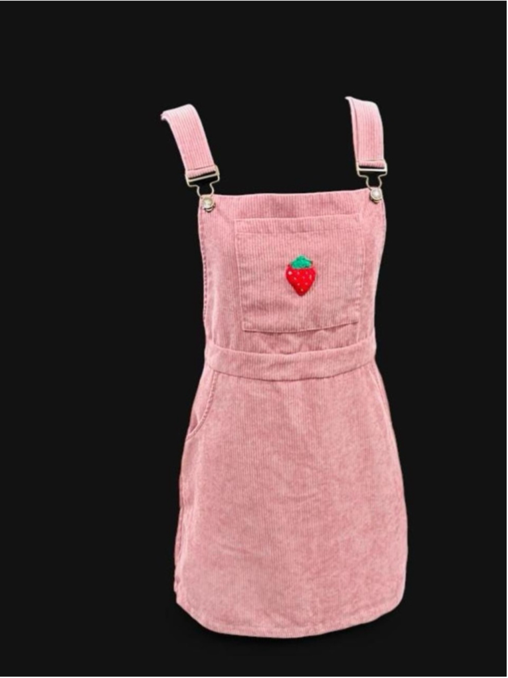 SHEIN Pink Corduroy Pinafore Mini Dress Strawberry Appliqué Overalls Jumper M